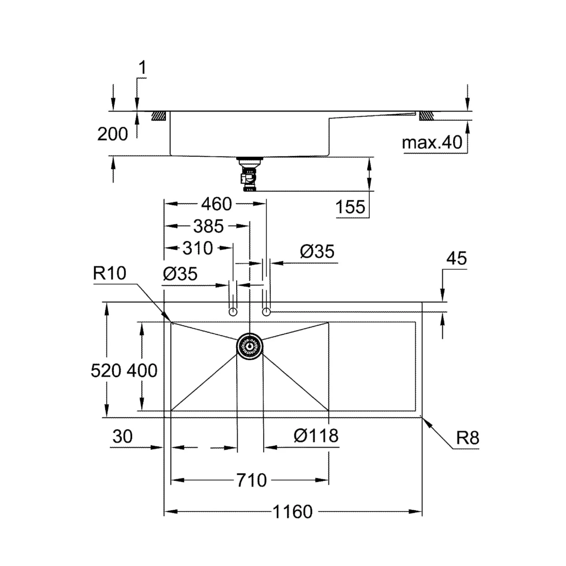 Grohe K1000, rustfri stålvask, nedfældet/planlimet, 1160x520mm