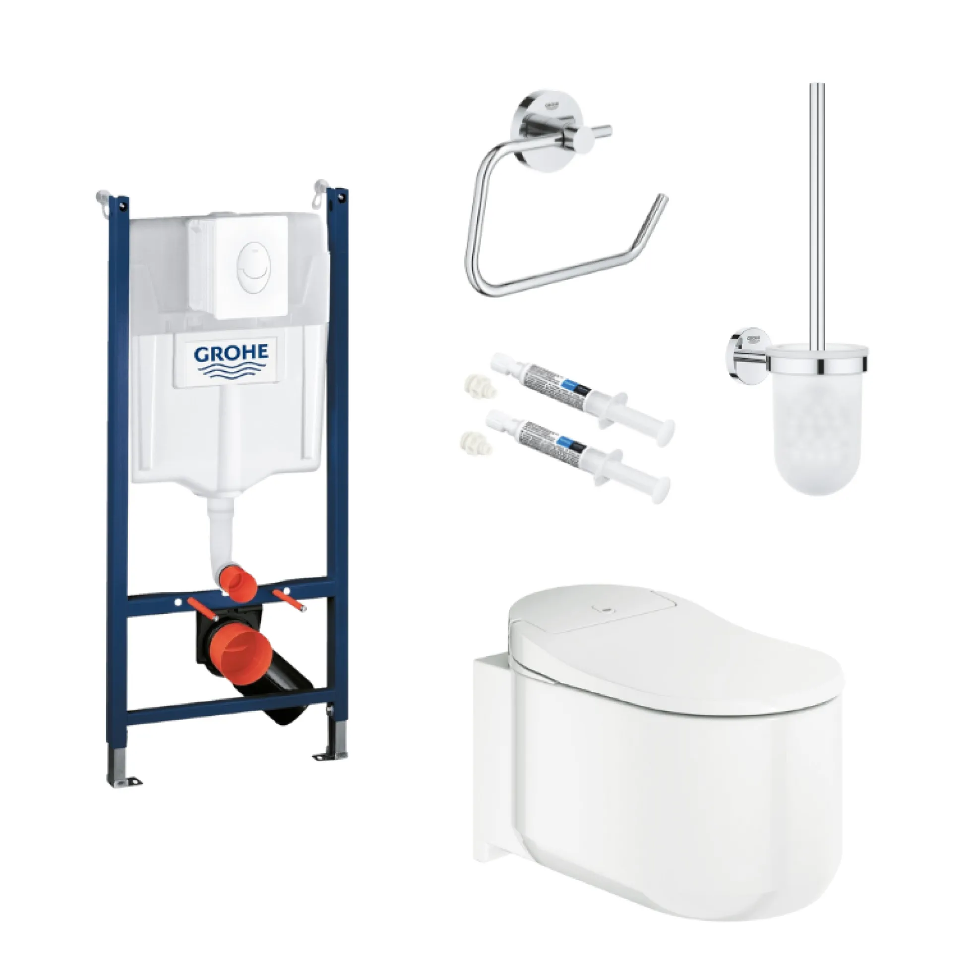 Grohe Sensia toiletpakke inkl. Rapid cisterne 113 cm, trykplade, Sensia Arena væghængt Douchetoilet + SoftClose toiletsæde samt tilbehør