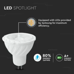 GU5.3 LED spotpære, 6,5W, 12V DC, MR16, Samsung LED chip, 450 lumen, 3000K, IP20 - V-Tac