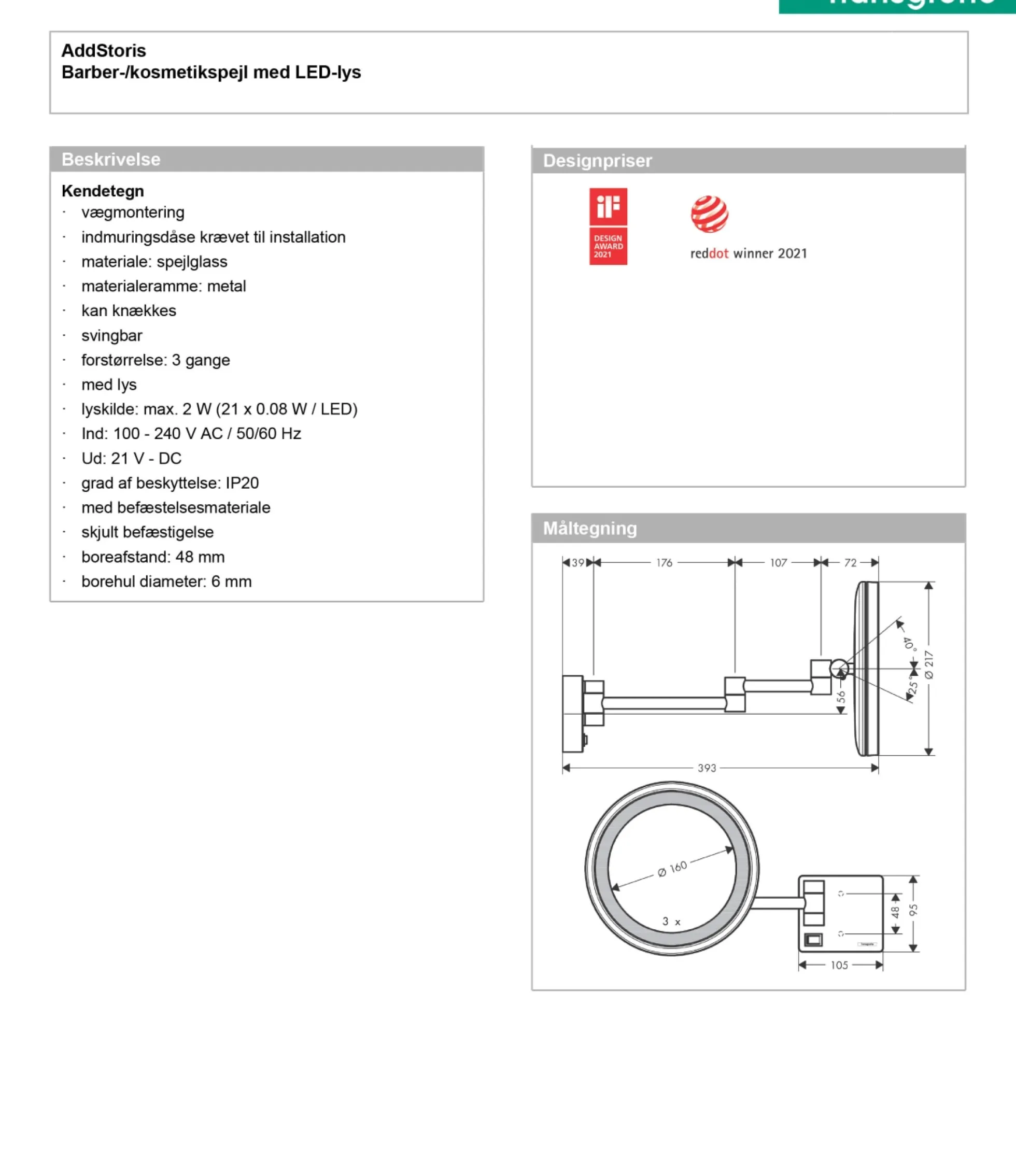Hansgrohe AddStoris makeupspejl, 3x forstørrelse, med LED lys