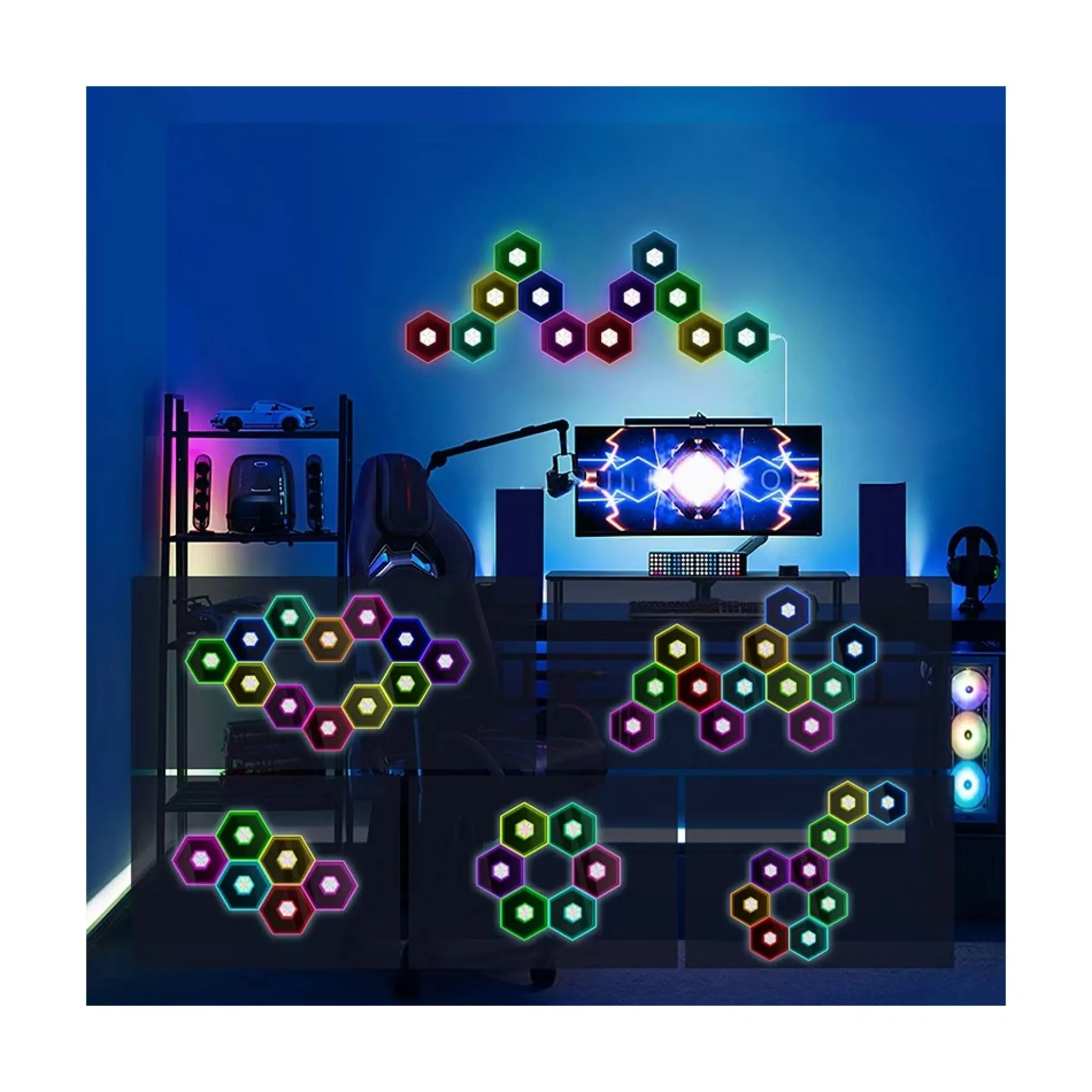Hexagon Infinity væglys, bordlampe, RGBIC, 5V, gamer vægbelysning
