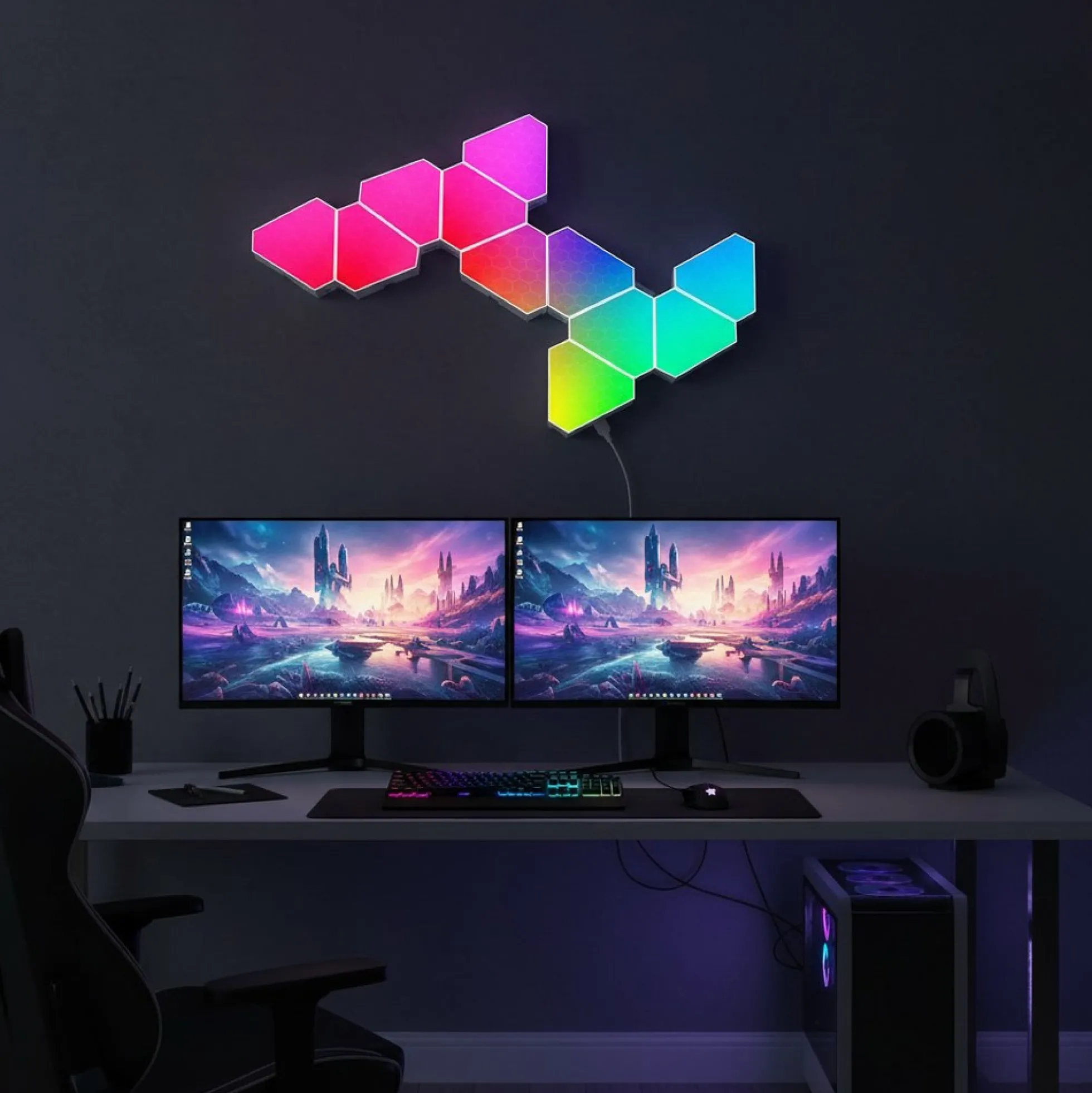 Hexagon tri panels, RGBIC, fjernbetjening, app styring, gamer vægbelysning