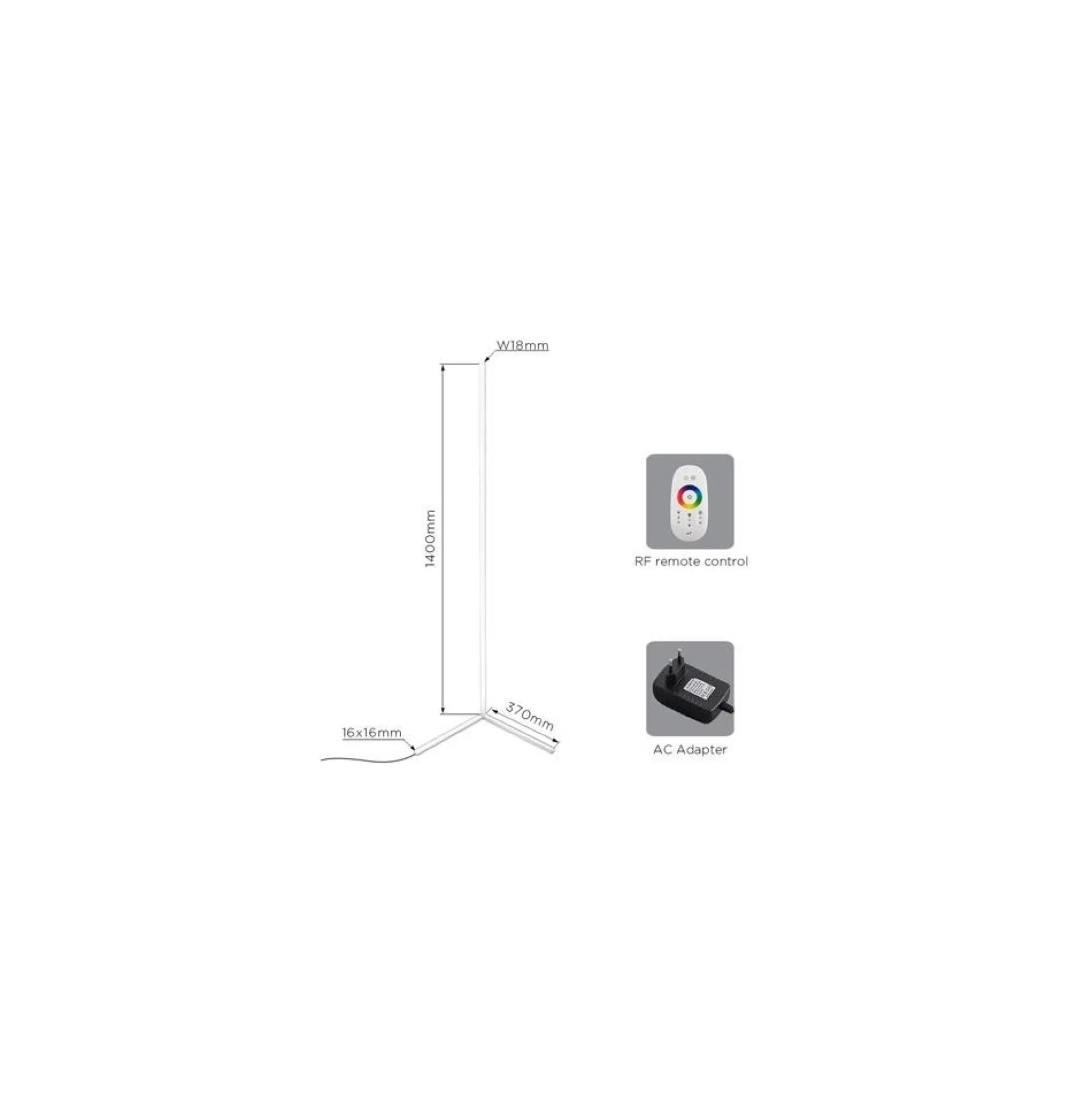 Hjørnelampe med RGB lys, hvid, 140 cm høj, 20 watt, med fjernbetjening