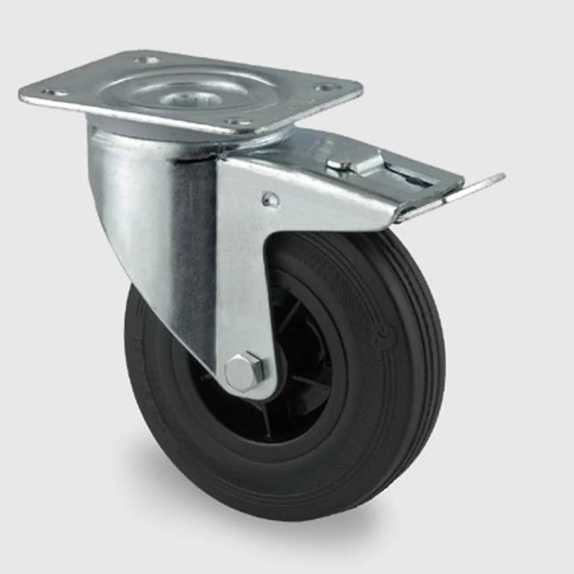Hjul, 100mm, gummi, med bremse, med plade, 75kg, 3477PVRP62