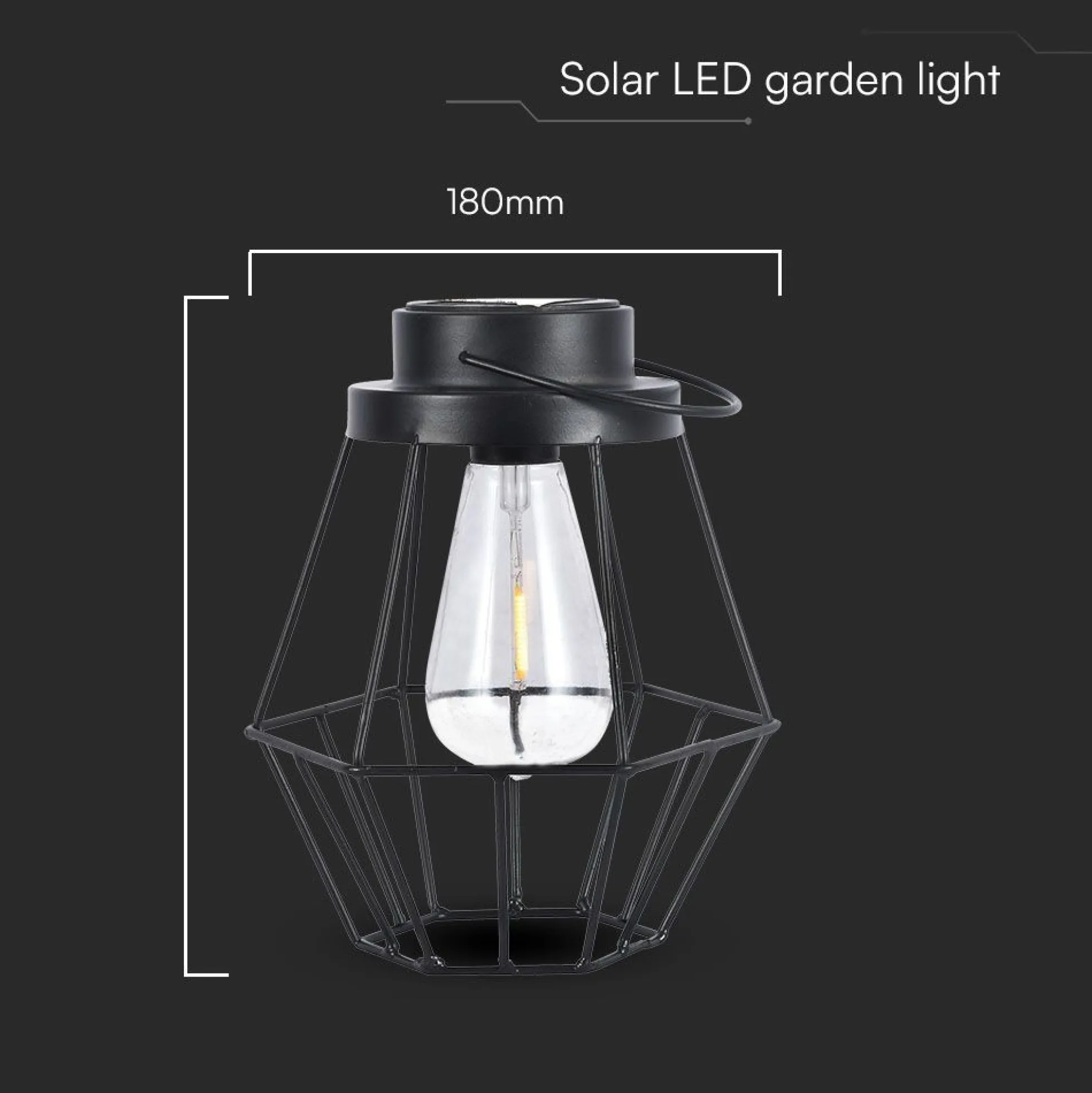 Hængende solcelle LED lanterne, 0,5W, 2700K, IP44, 1.2V, sort metal, vintage design, varm kulør, m. hank