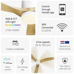 Hombli Smart Loftventilator med LED-lys, Ø132 cm, mulighed for app-styring, fjernbetjening, WiFi, hvid/lyst træ