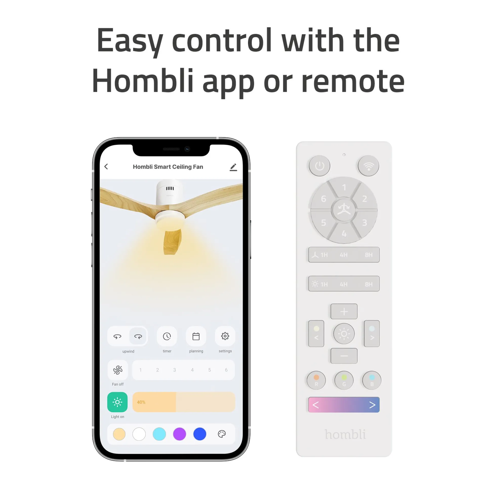 Hombli Smart Loftventilator med LED-lys, Ø132 cm, mulighed for app-styring, fjernbetjening, WiFi, hvid/hvidt træ