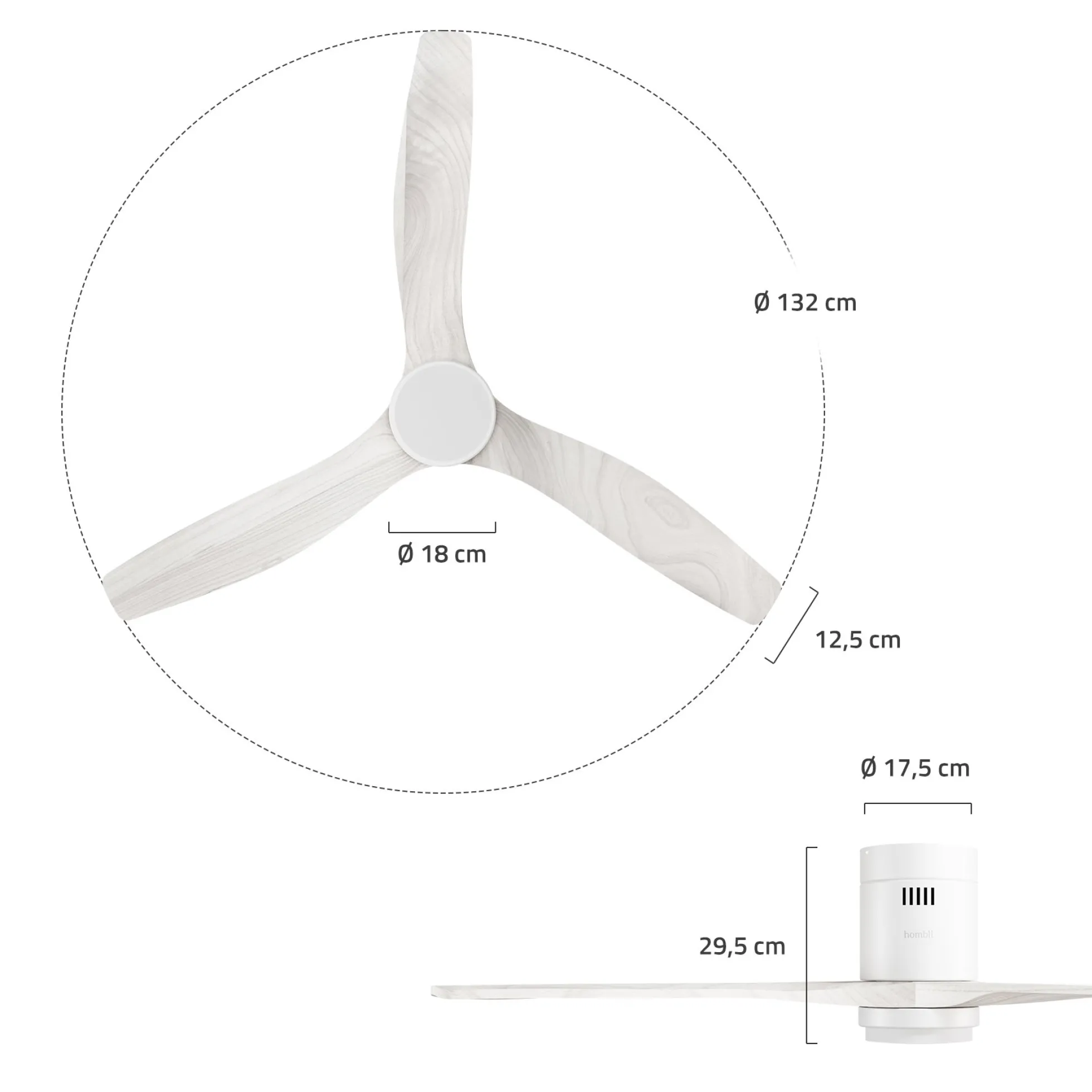 Hombli Smart Loftventilator med LED-lys, Ø132 cm, mulighed for app-styring, fjernbetjening, WiFi, hvid/hvidt træ