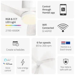Hombli Smart Loftventilator med LED-lys, Ø132 cm, mulighed for app-styring, fjernbetjening, WiFi, hvid/hvidt træ