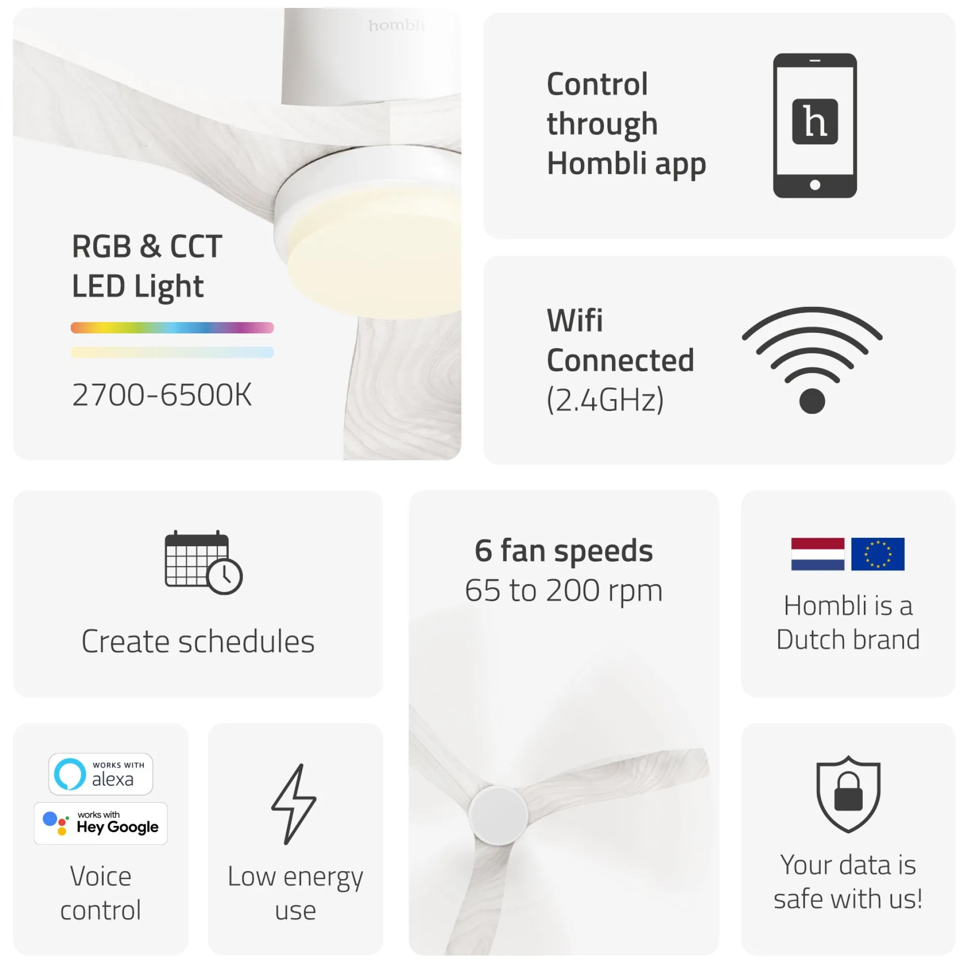 Hombli Smart Loftventilator med LED-lys, Ø132 cm, mulighed for app-styring, fjernbetjening, WiFi, hvid/hvidt træ