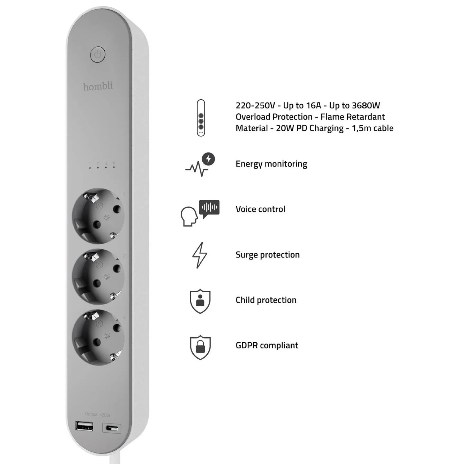 Hombli Smart Power Strip, stikdåse, 3x230V, USB-A, USB-C