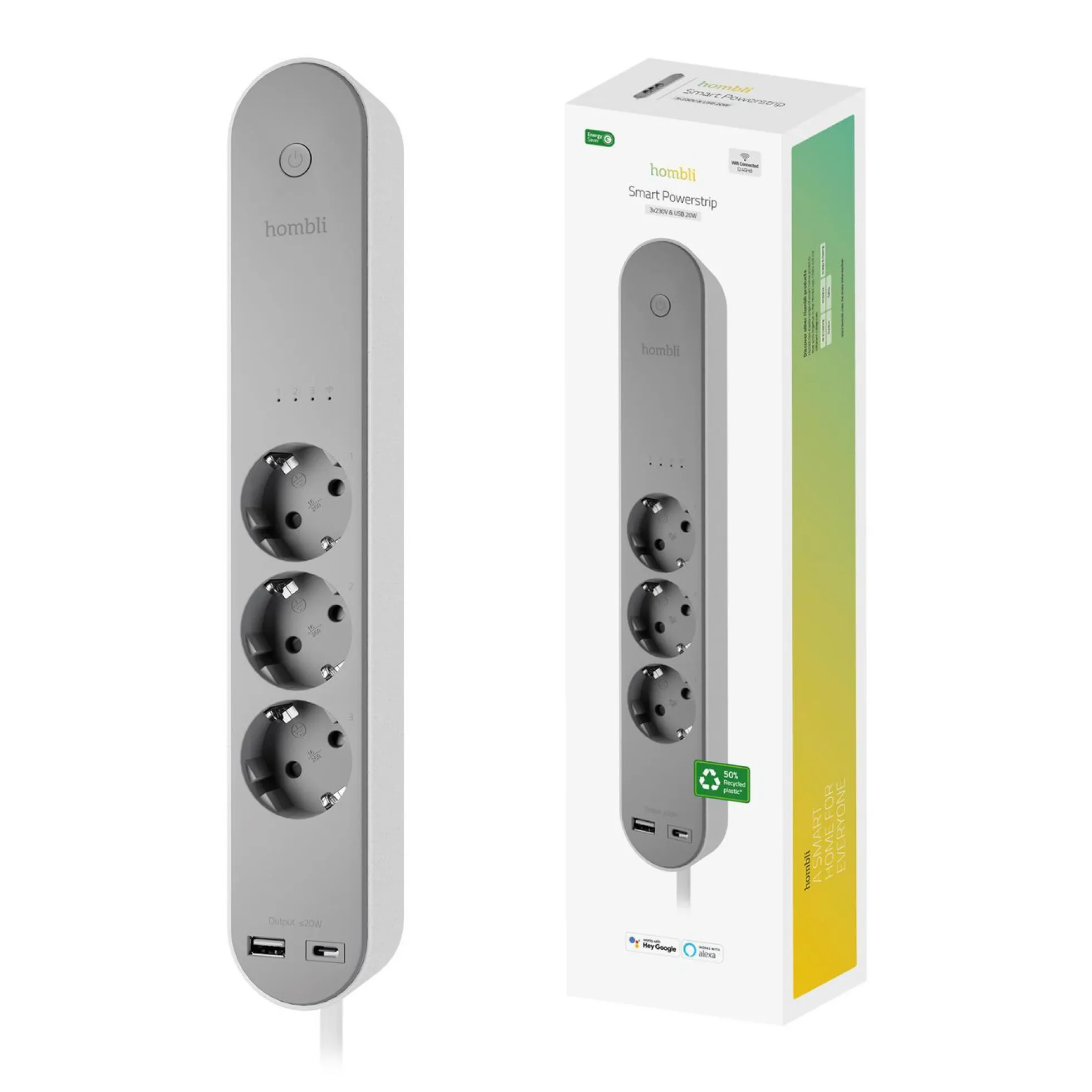Hombli Smart Power Strip, stikdåse, 3x230V, USB-A, USB-C