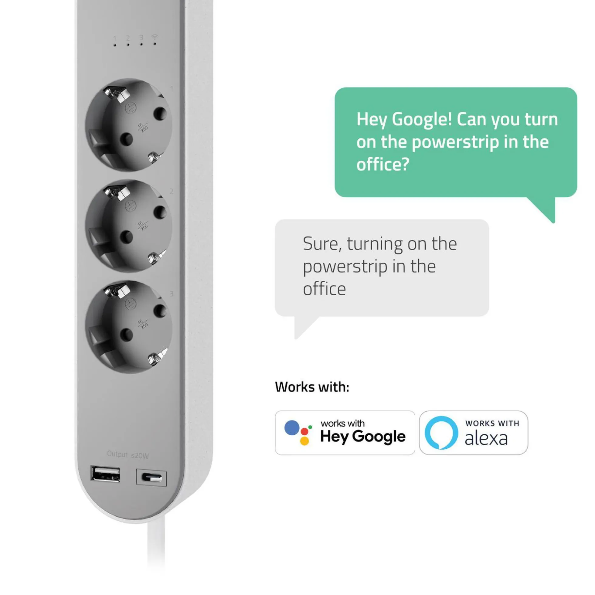 Hombli Smart Power Strip, stikdåse, 3x230V, USB-A, USB-C