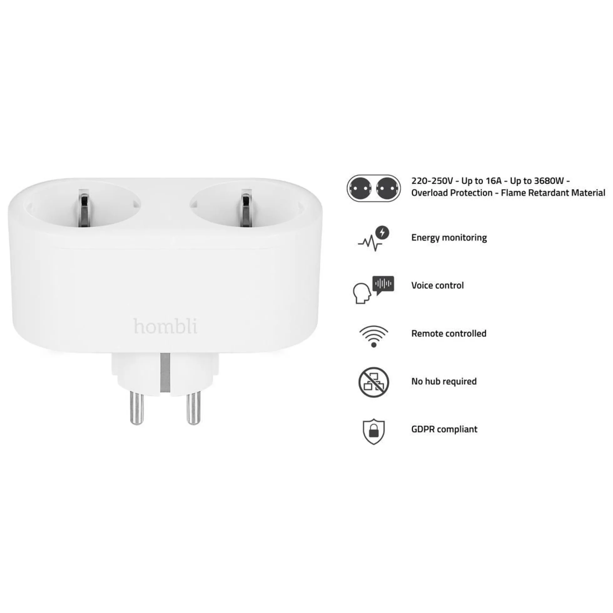 Hombli Smart Socket Duo, smart plug med to stik, hvid