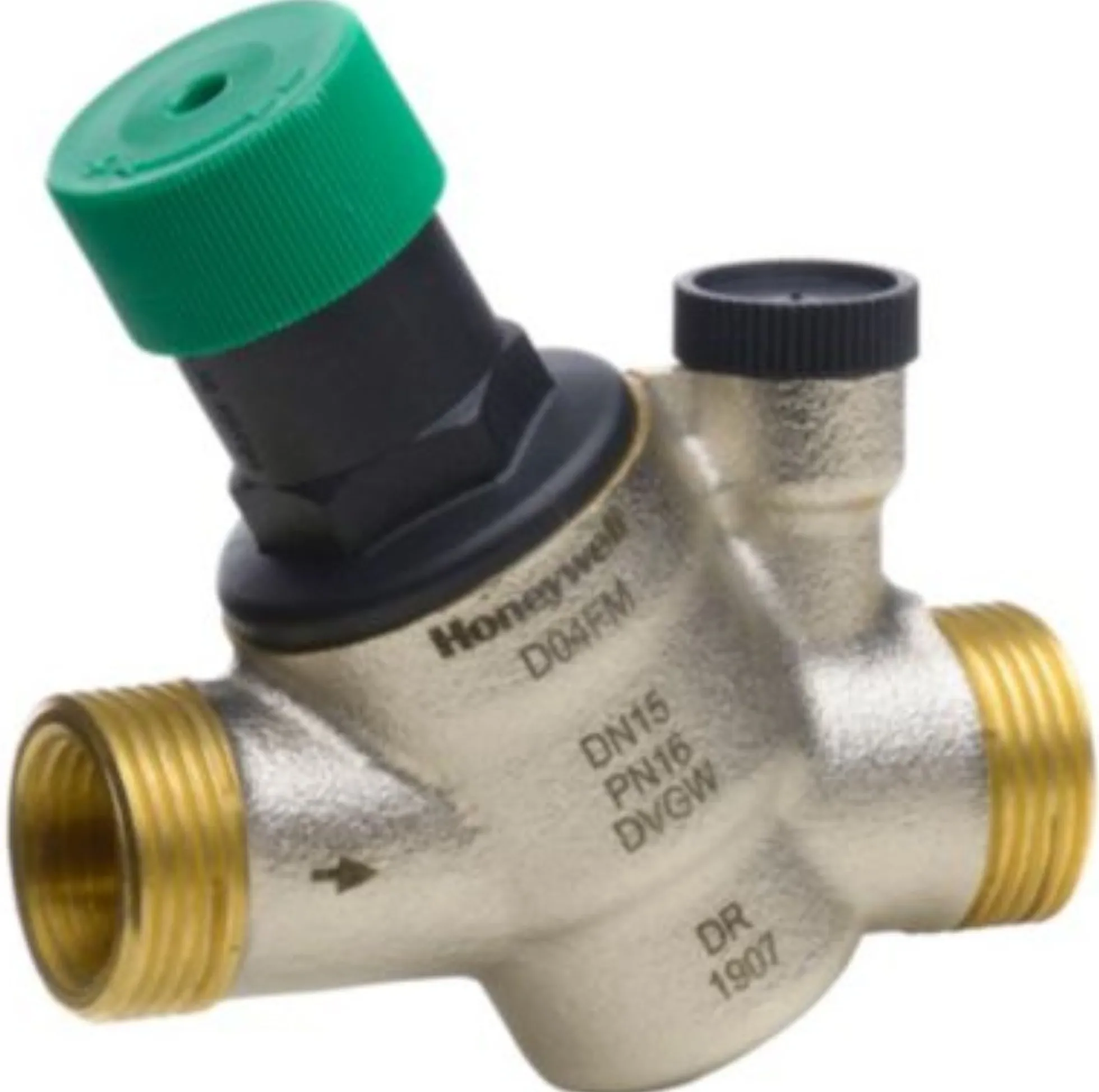 Honeywell D04FM mini trykreduktionsventil, indv. 1/2" og udv. 3/4" gevind, forkromet
