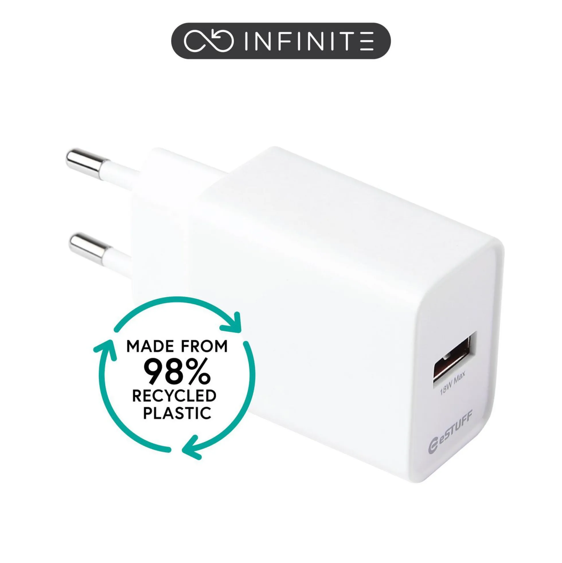 INFINITE (GRS) USB-A oplader EU, 18W, Qualcomm Quick Charge, hvid, 98% genanvendt plast