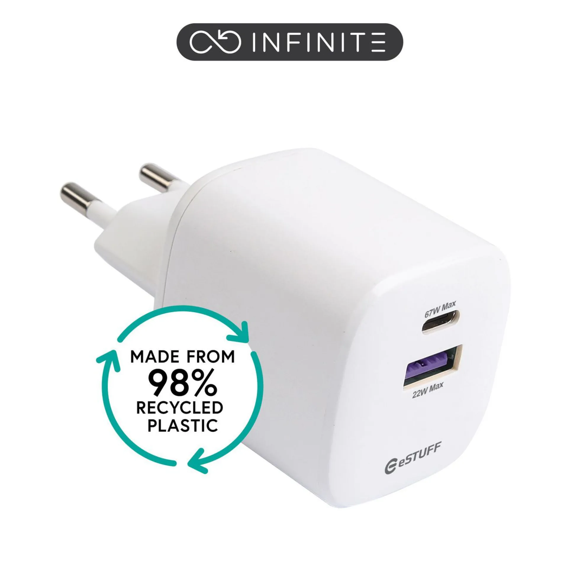 INFINITE (GRS) USB-C oplader EU PD 67W GaN, 1x USB-C, 1x USB-A, hvid, 98% genanvendt plastik (rPC)