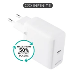 INFINITE (GRS) USB-C oplader EU PD 65W GaN, 1x USB-C, hvid, 50% genanvendt plast (rPC)
