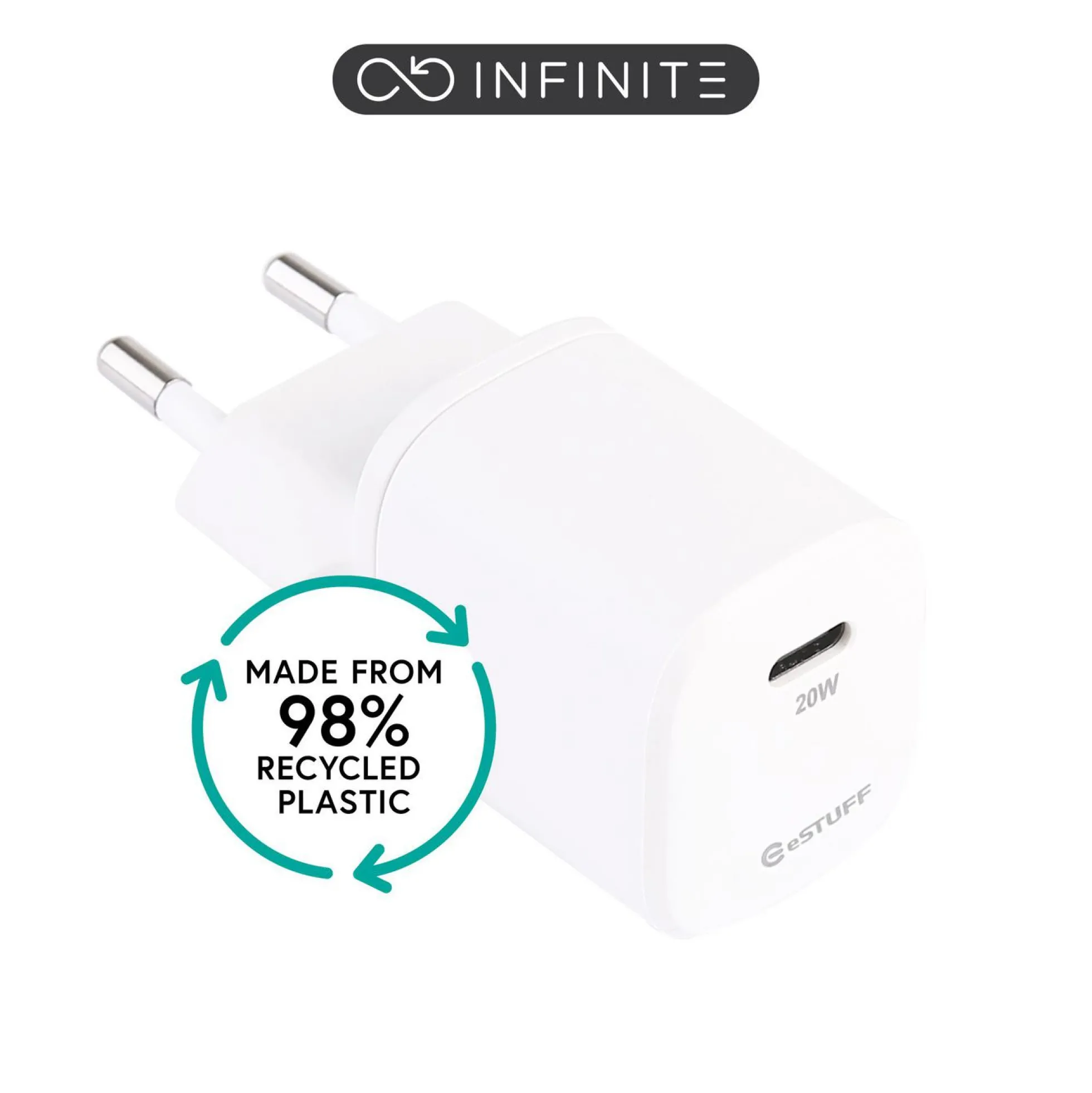 Infinite (GRS) USB-C oplader, EU PD 20W, 1 x USB-C, hvid