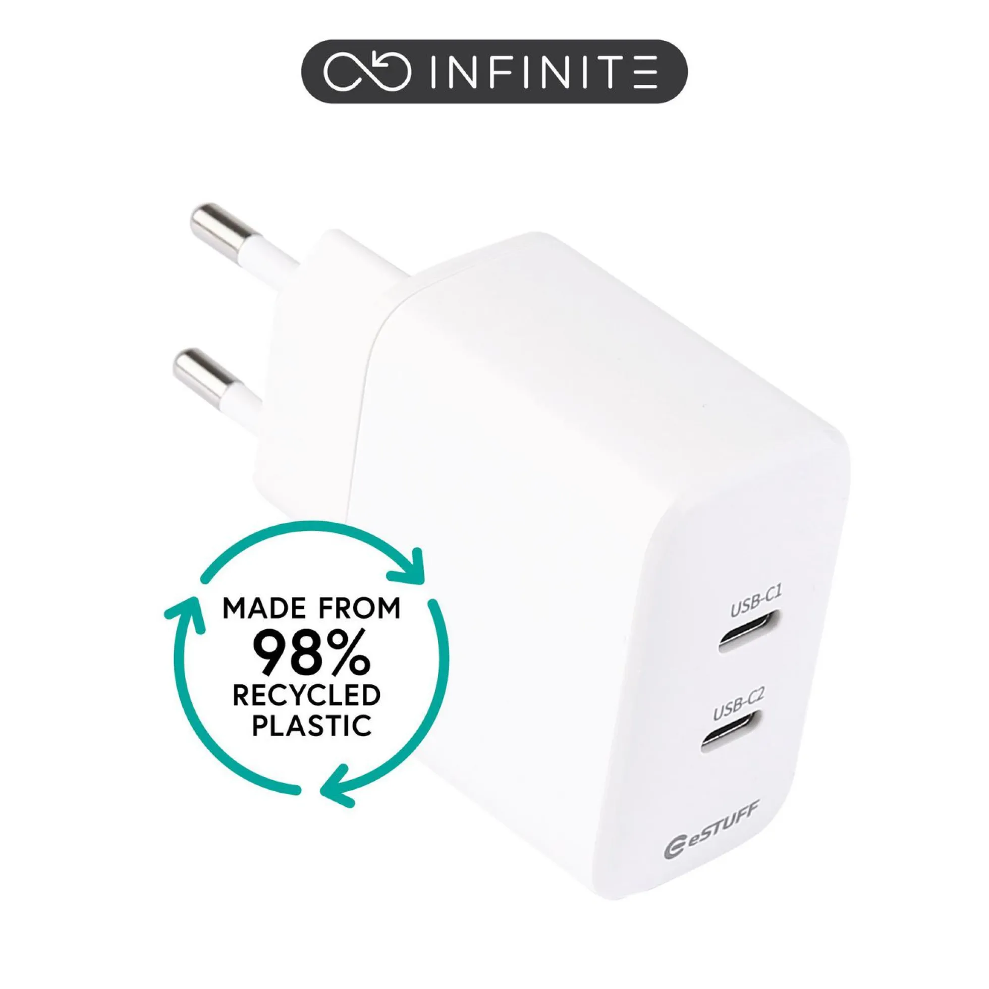INFINITE (GRS) USB-C oplader EU PD 35W Dynamic, 2 x USB-C, hvid, 98% genanvendt plast (rPC) (udgået)
