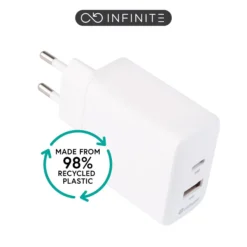INFINITE (GRS) USB-oplader EU, 1 x USB-C PD 20W, 1 x USB-A 12W, hvid, 98% genanvendt plast (rPC)