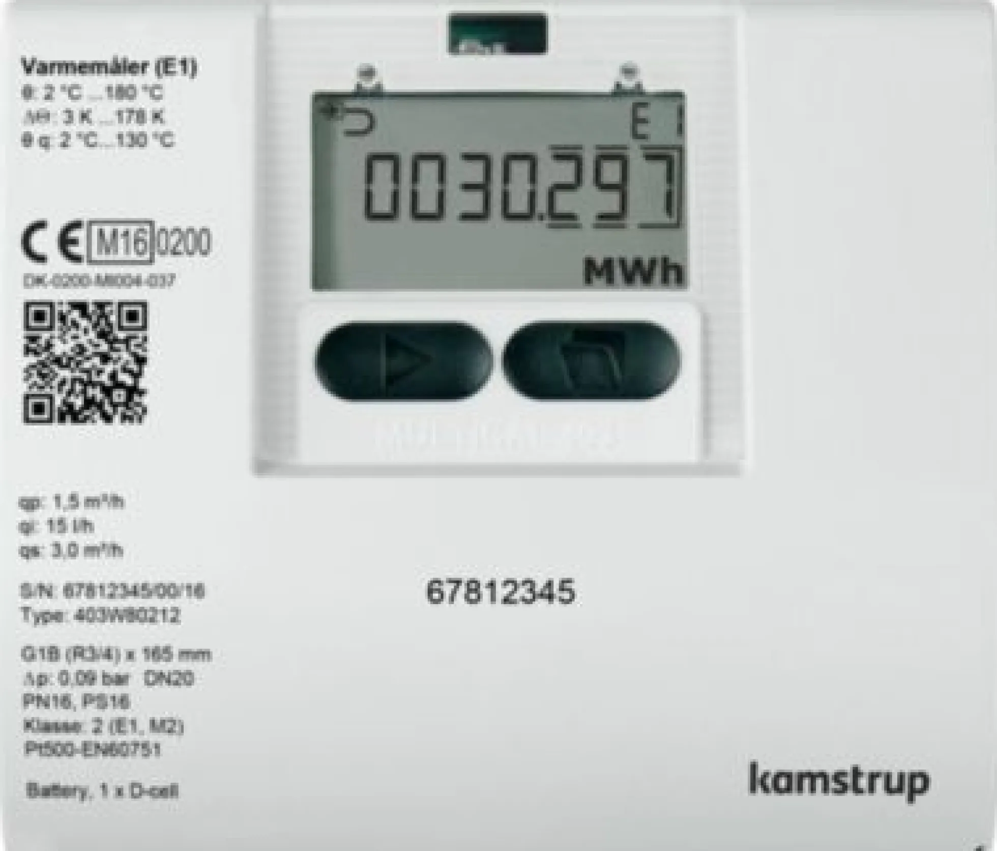 Kamstrup MULTICAL 403 varmemåler, 110 mm x G3/4" B (R1/2") retur, 0,6 m3/h