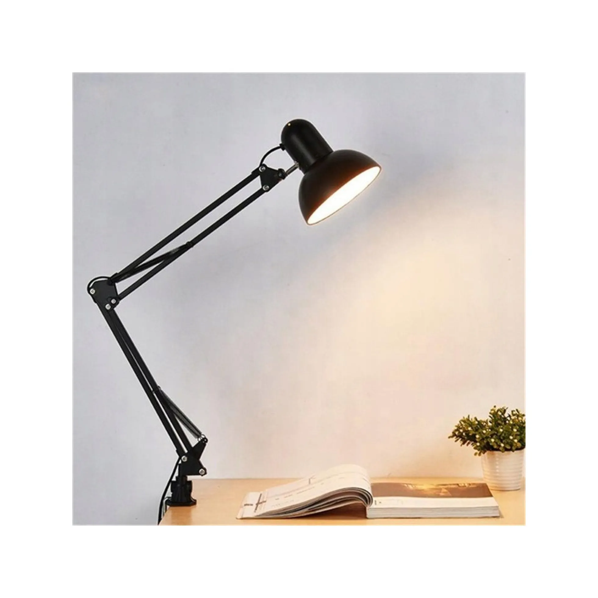 klassisk sort arkitektlampe, inkl. fod og bordklemme, E27 fatning, uden lyskilde