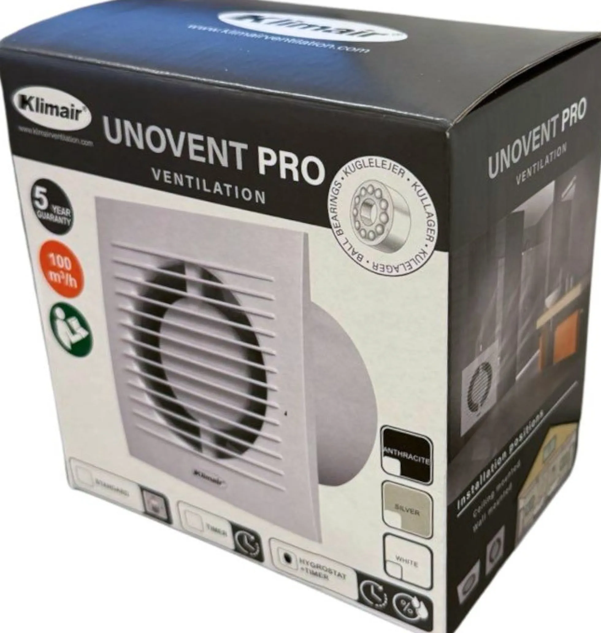 Klimair UNOVENT PRO badventilator, Ø100 mm, fugt og tidstyret, hvid