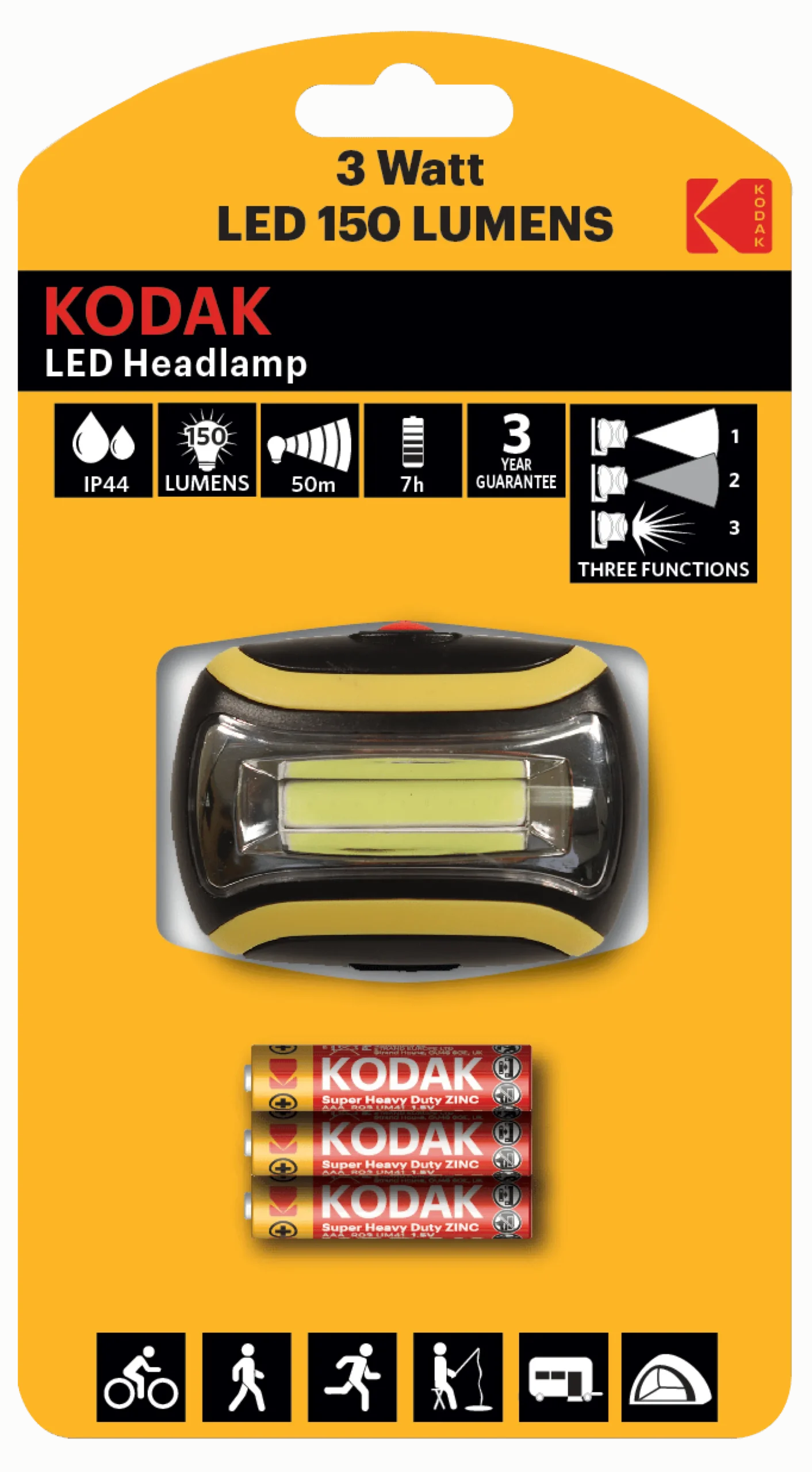Kodak LED Headlamp, 150lm, 3 modes, 3W single LED, IP44, black