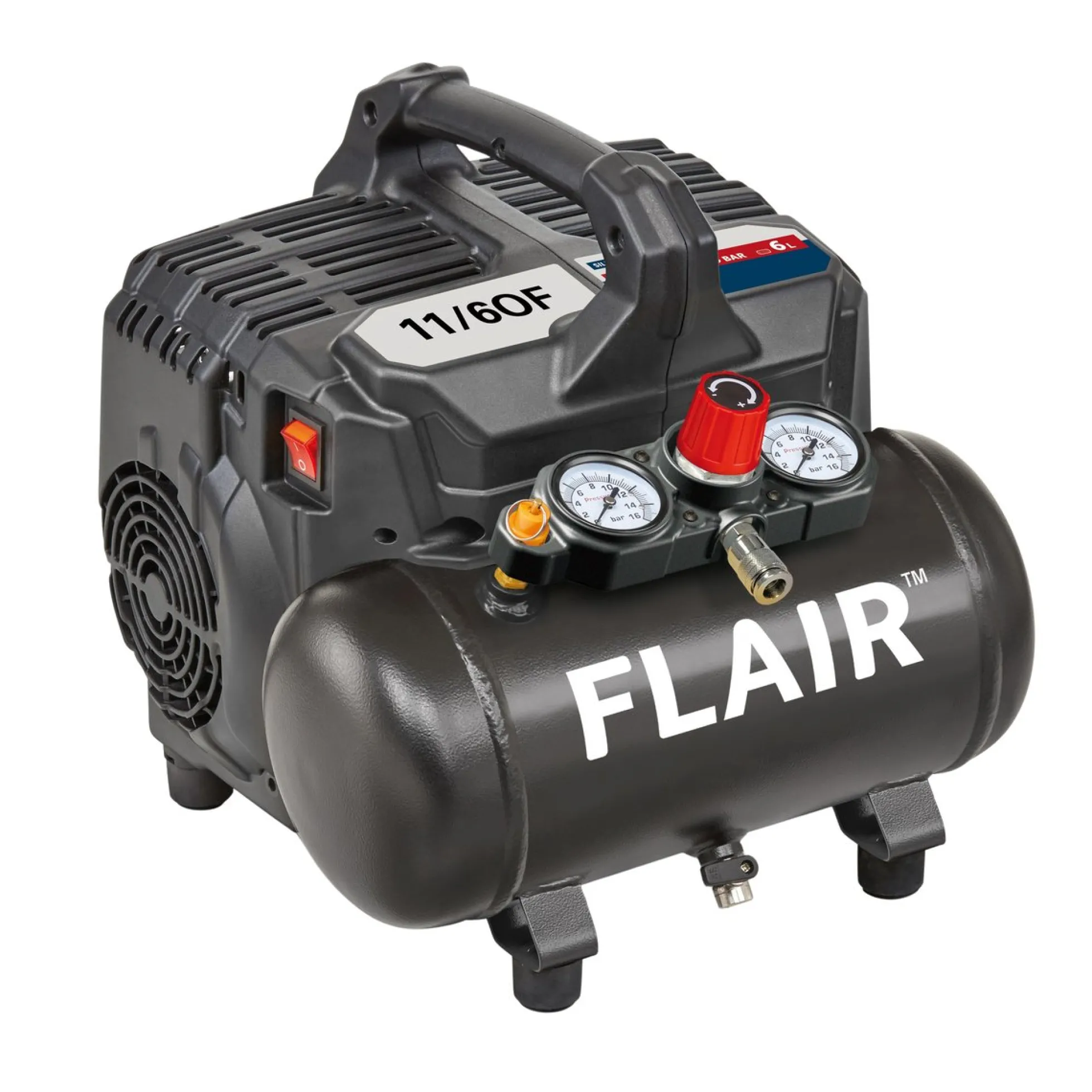 Kompressor Flair 11/6OF, bærbar, 230 V, 1,0 HK, 6 l tank, 8 bar, 105 l/min, 59 dB(A)