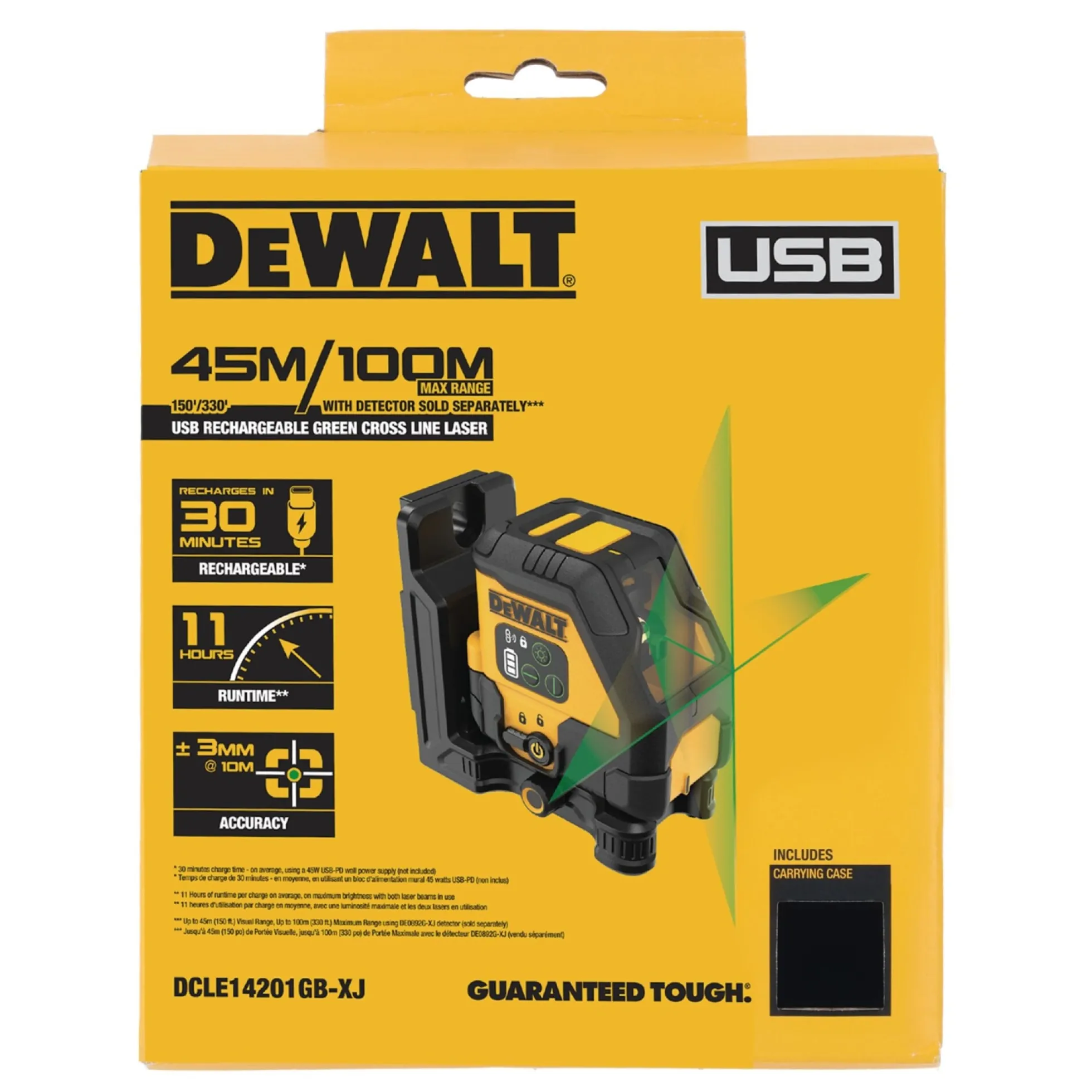 Krydslinjelaser, USB-C, grøn - DEWALT DCLE14201GB-XJ