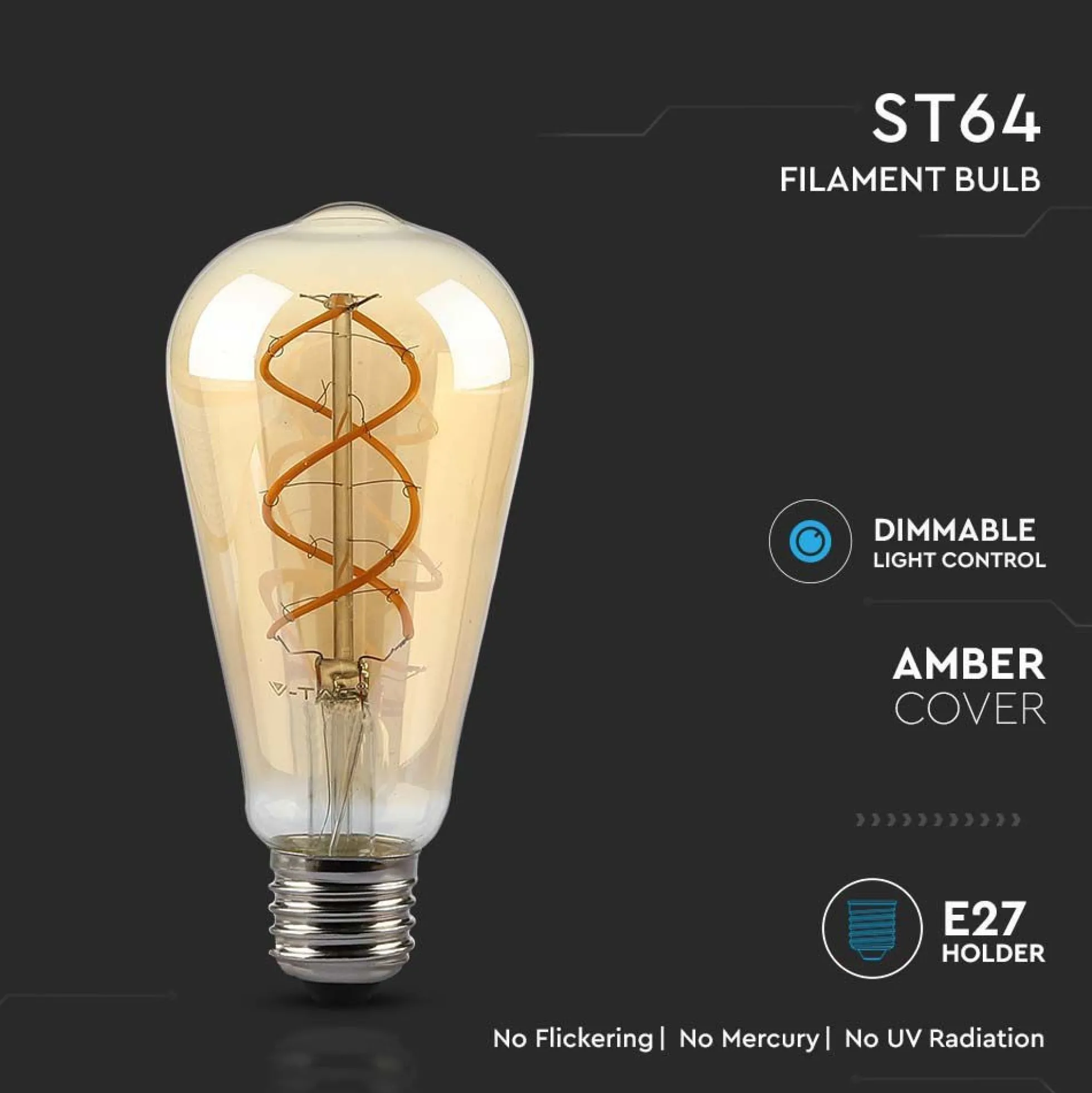 Kultrådspære, ST64, 5W, E27, dæmpbar, 250lm, ravfarvet glas, 1800K
