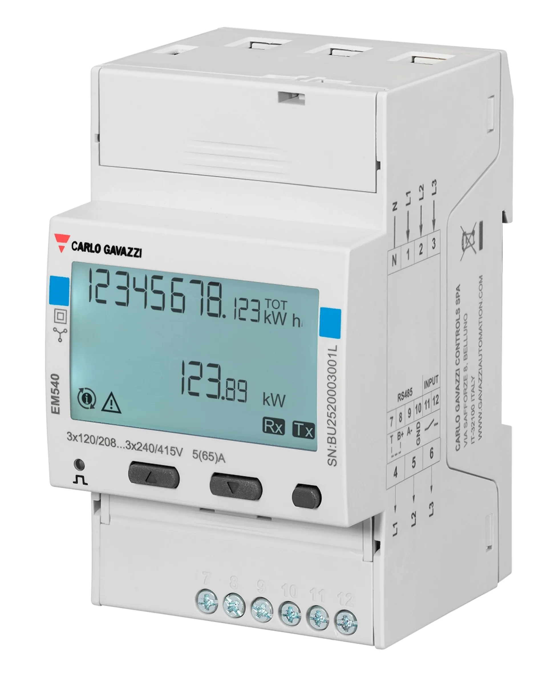 KWH Måler 3F, 65A direkte, MID, Modbus, PFC version, EM540 - Carlo Gavazzi