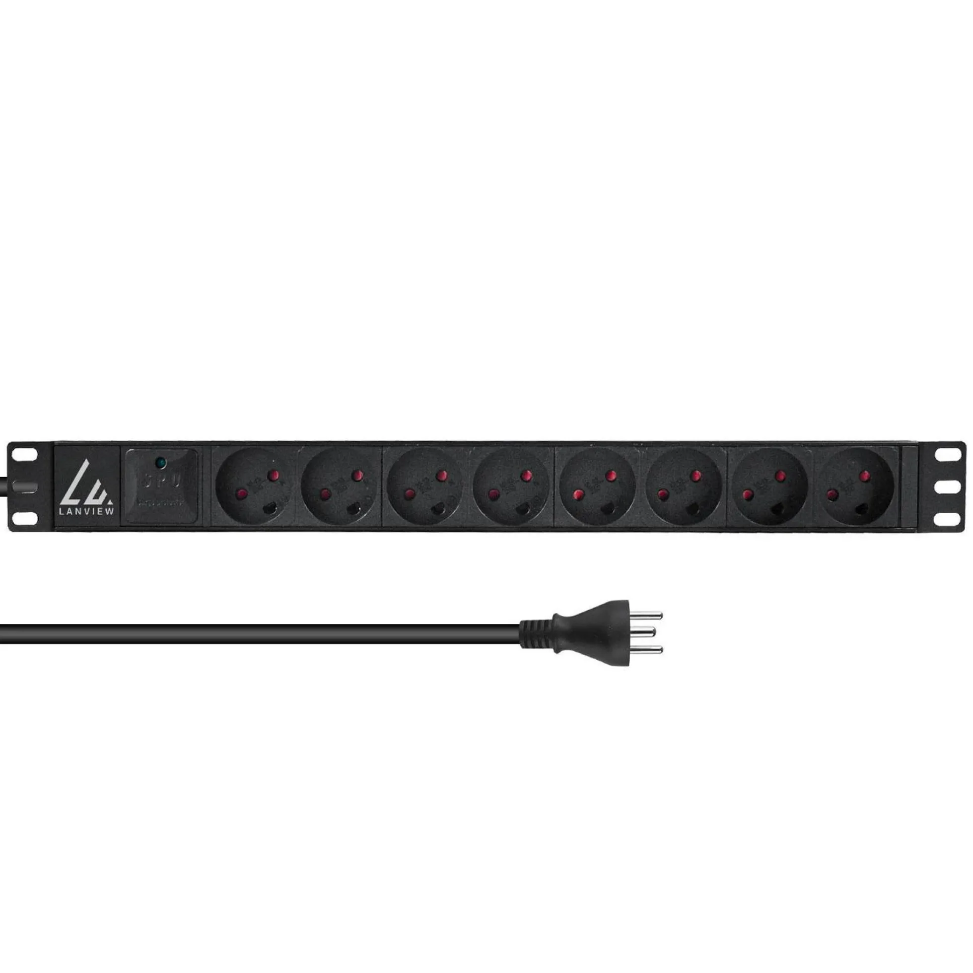 Lanview 19" 1U PDU 13A 8x dansk type K med overspændingsbeskyttelse 2 m kabel