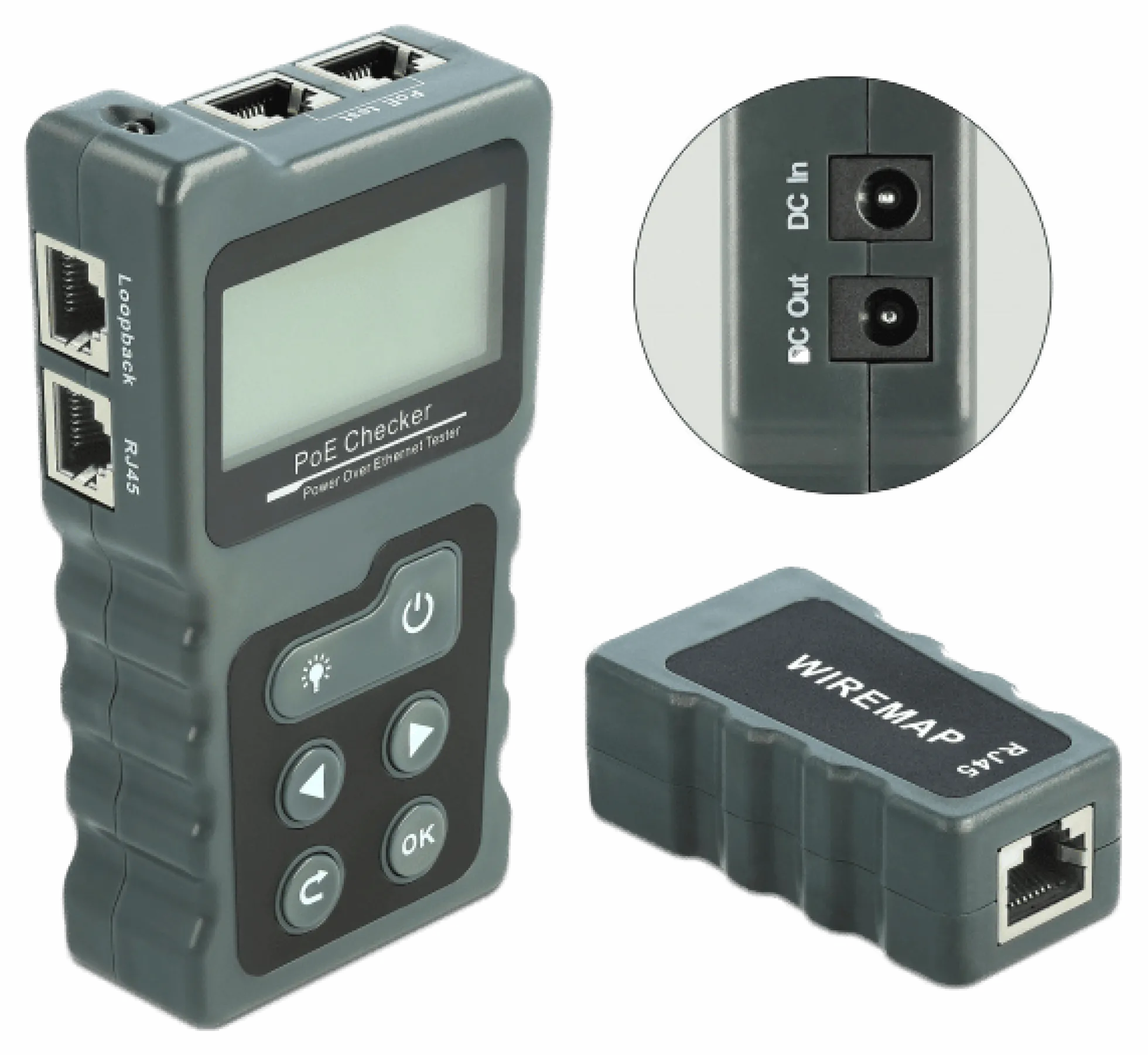 LCD kabeltester RJ45 / PoE / DC, mørkegrå