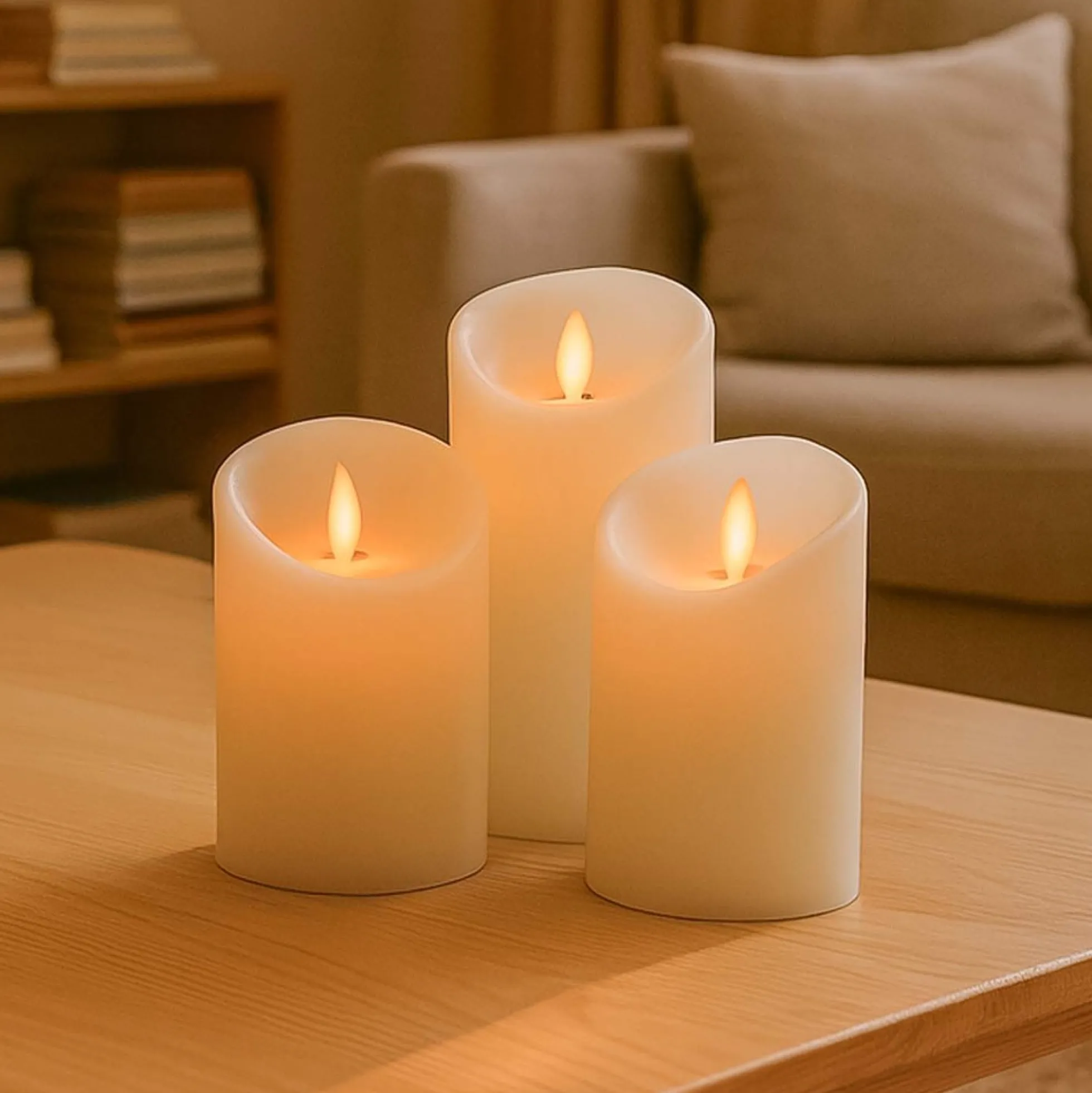 LED bloklys med bevægelig flamme, hvid, 3 stk, Ø7,5 cm, inkl. fjernbetjening og timer, 10/15/20 cm høj, ægte stearin