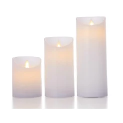 LED bloklys med bevægelig flamme, hvid, 3 stk, Ø7,5 cm, inkl. fjernbetjening og timer, 10/15/20 cm høj, ægte stearin
