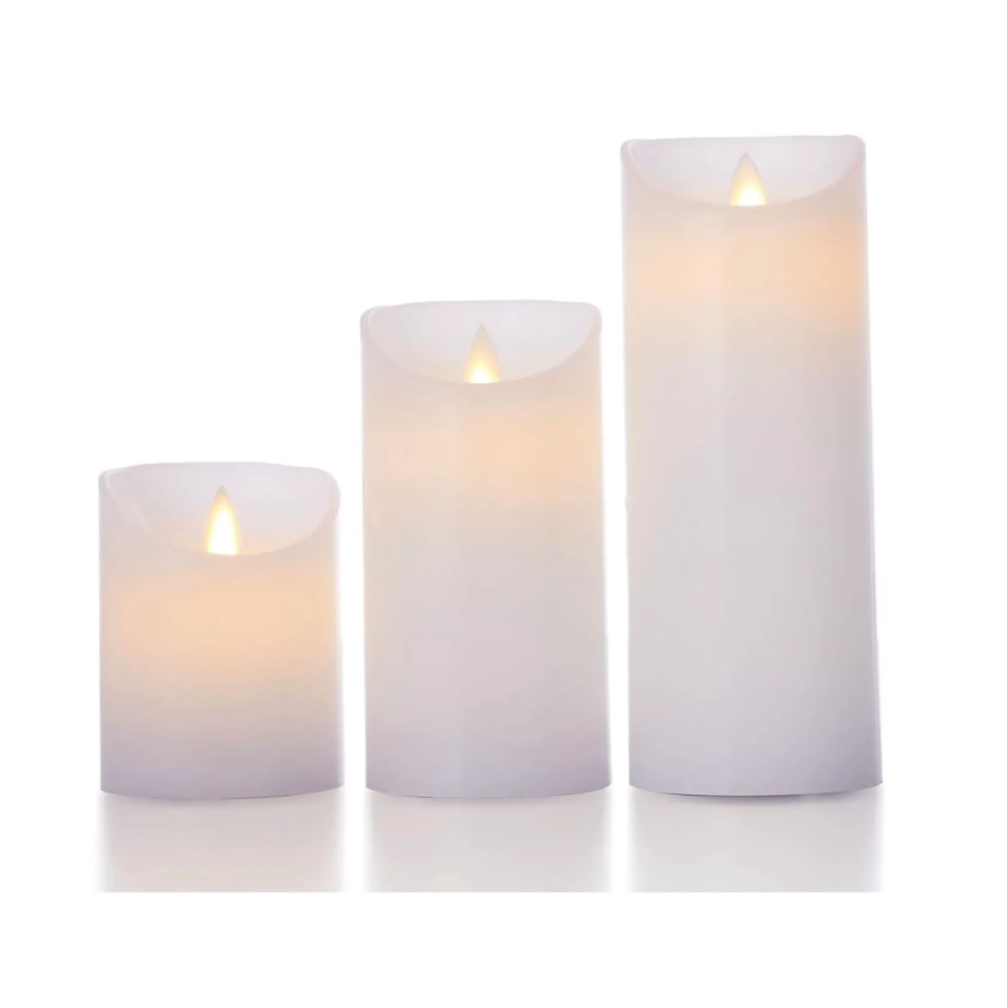LED bloklys med bevægelig flamme, hvid, 3 stk, Ø7,5 cm, inkl. fjernbetjening og timer, 10/15/20 cm høj, ægte stearin
