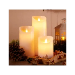 LED bloklys med bevægelig flamme, hvid, 3 stk, Ø7,5 cm, inkl. fjernbetjening og timer, 10/15/20 cm høj, ægte stearin
