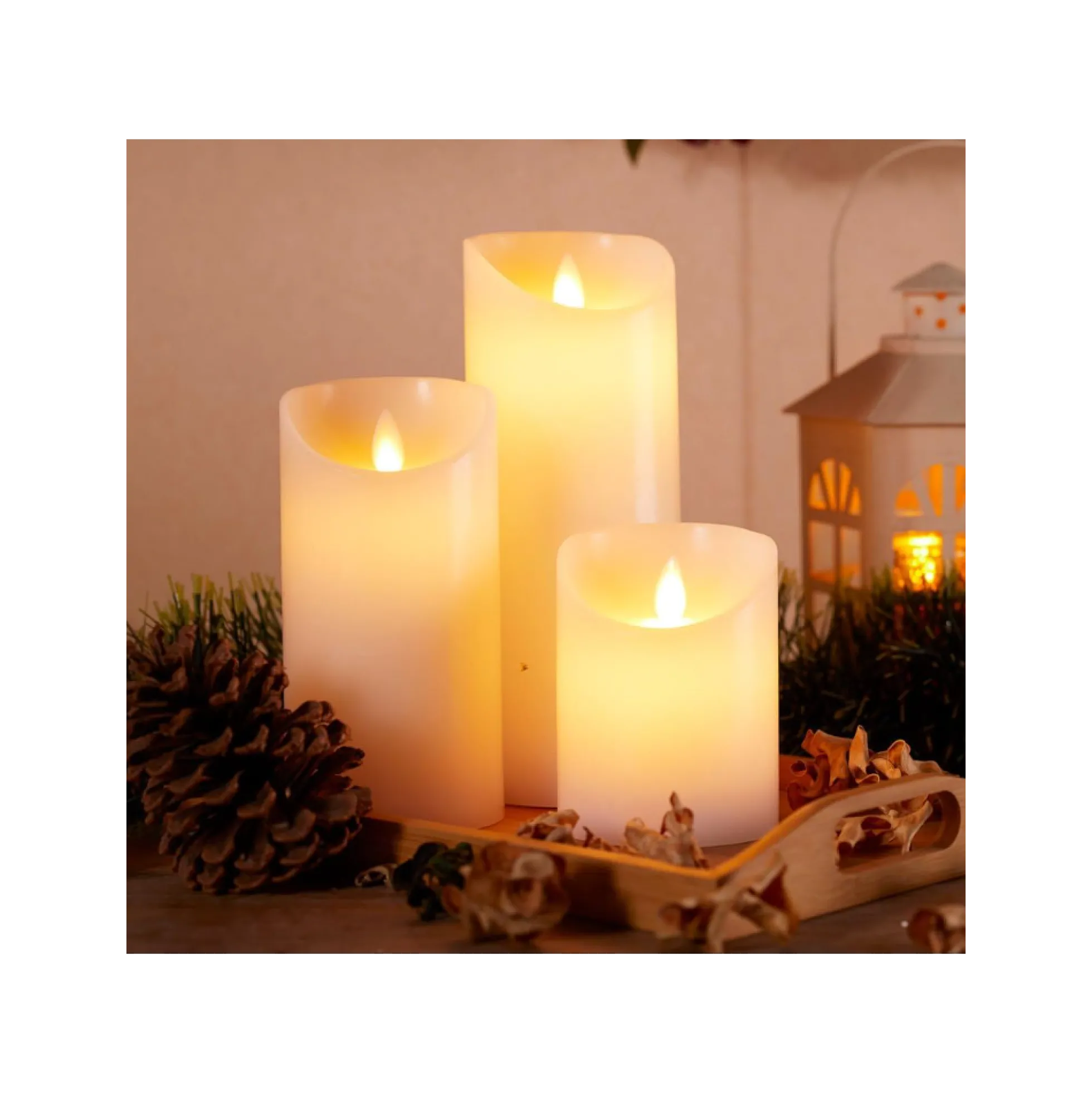 LED bloklys med bevægelig flamme, hvid, 3 stk, Ø7,5 cm, inkl. fjernbetjening og timer, 10/15/20 cm høj, ægte stearin