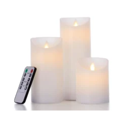 LED bloklys med bevægelig flamme, hvid, 3 stk, Ø7,5 cm, inkl. fjernbetjening og timer, 10/15/20 cm høj, ægte stearin