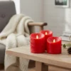 LED bloklys med bevægelig flamme, rød, 3 stk, Ø10cm, inkl. fjernbetjening og timer, højde varierende fra 10cm til 15cm, ægte stearin