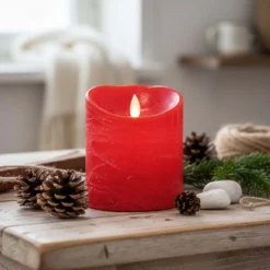 LED bloklys med bevægelig flamme, rød, 3 stk, Ø10cm, inkl. fjernbetjening og timer, højde varierende fra 10cm til 15cm, ægte stearin