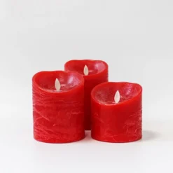 LED bloklys med bevægelig flamme, rød, 3 stk, Ø10cm, inkl. fjernbetjening og timer, højde varierende fra 10cm til 15cm, ægte stearin