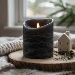 LED bloklys med bevægelig flamme og fjernbetjening, sortmeleret, sæt med 3 stk, højde 10/12,5/15 cm, Ø10 cm, ægte stearin