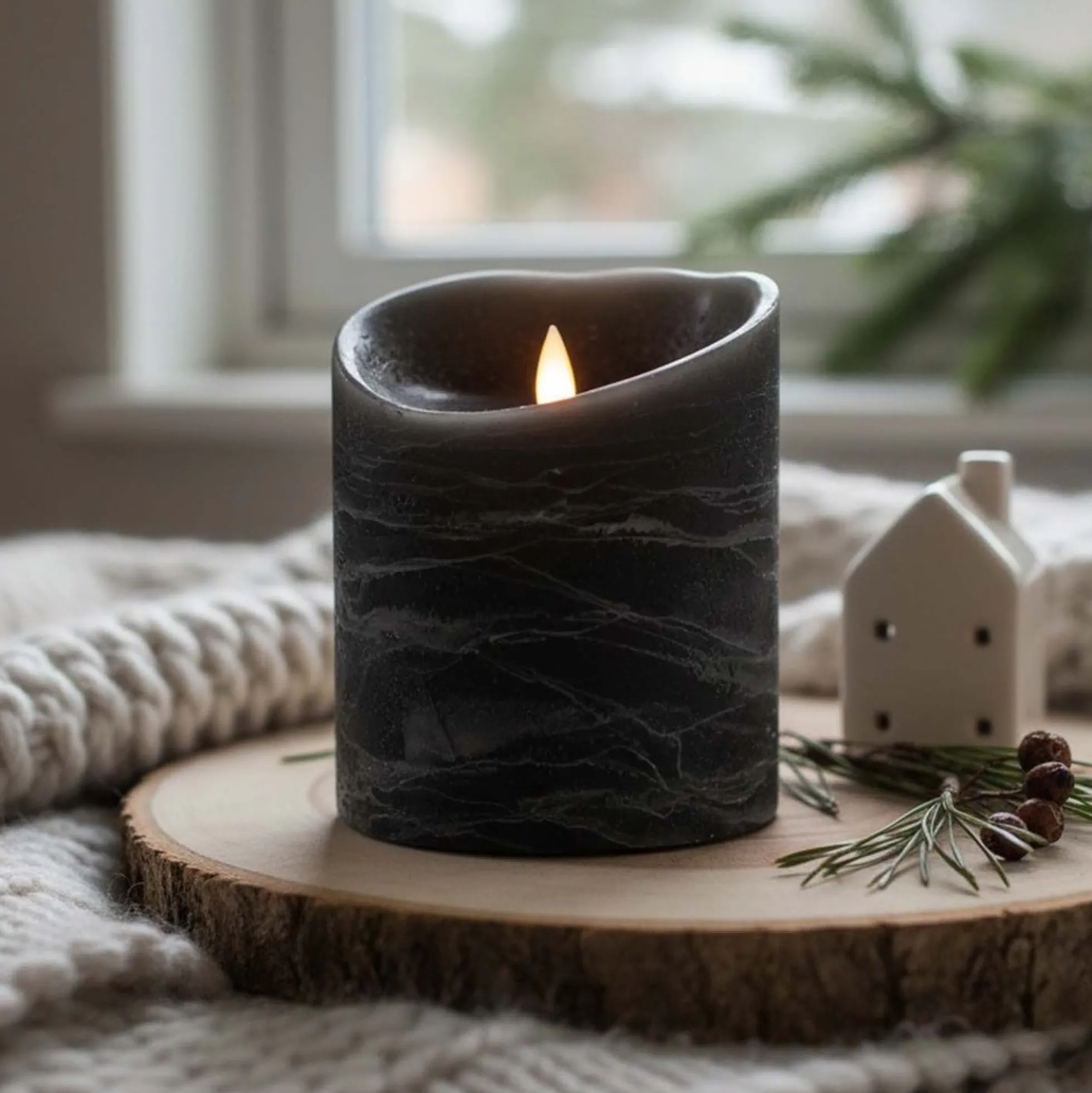 LED bloklys med bevægelig flamme og fjernbetjening, sortmeleret, sæt med 3 stk, højde 10/12,5/15 cm, Ø10 cm, ægte stearin