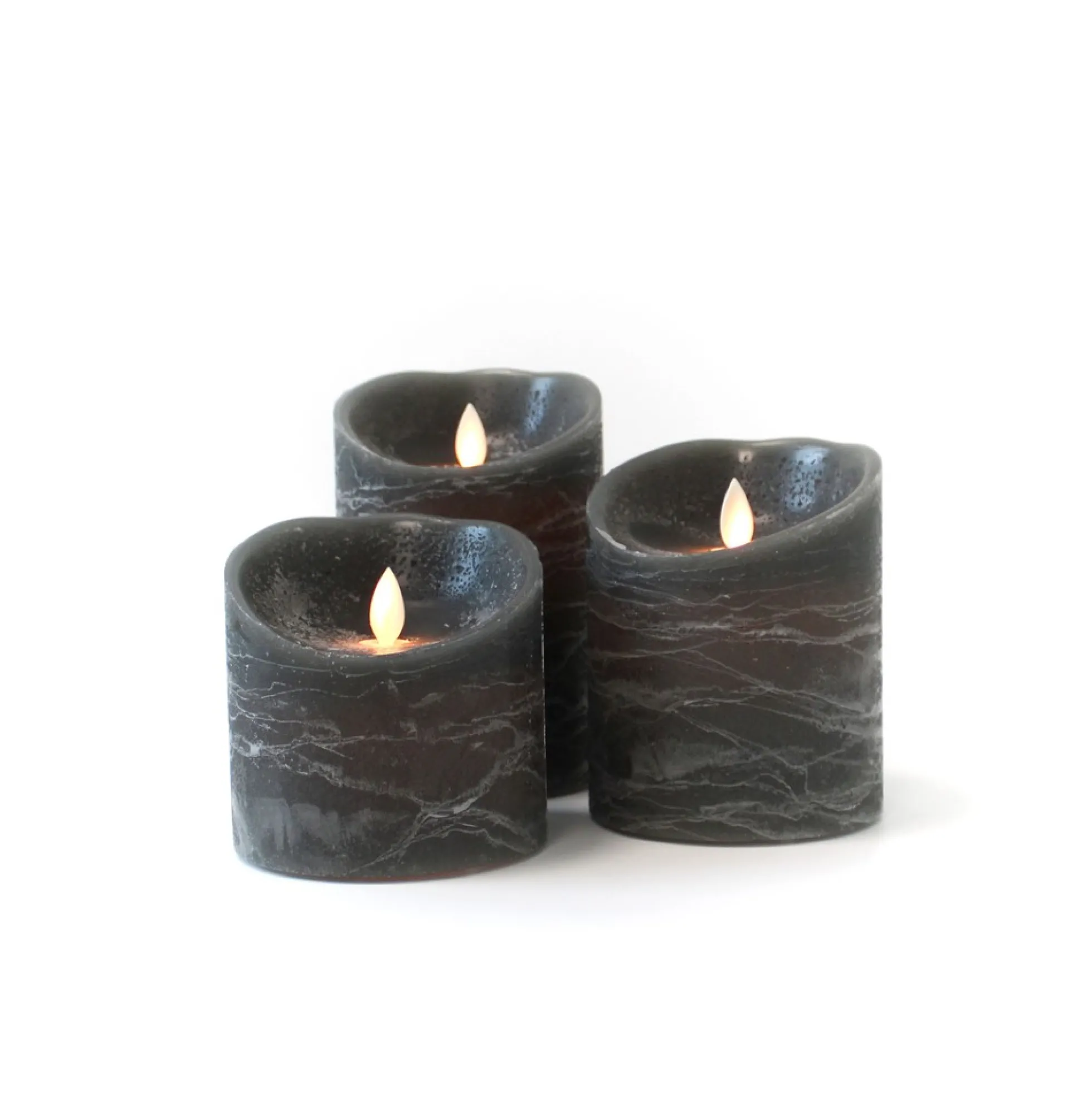 LED bloklys med bevægelig flamme og fjernbetjening, sortmeleret, sæt med 3 stk, højde 10/12,5/15 cm, Ø10 cm, ægte stearin