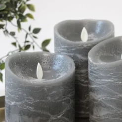 LED bloklys med bevægelig flamme og fjernbetjening, sortmeleret, sæt med 3 stk, højde 10/12,5/15 cm, Ø10 cm, ægte stearin