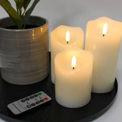 LED bloklys med flammeeffekt, hvid, 10/12,5/15 cm, fjernbetjening, timer, ægte stearin