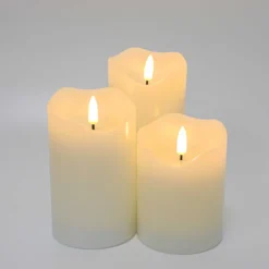 LED bloklys med flammeeffekt, hvid, 10/12,5/15 cm, fjernbetjening, timer, ægte stearin
